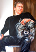Painting of man with wolfs head on lap - acrylic on canvas